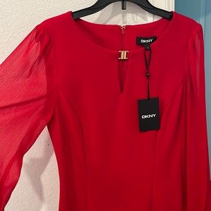 DKNY Sheer Long Sleeve Christmas Red Knee Length Formal Dress